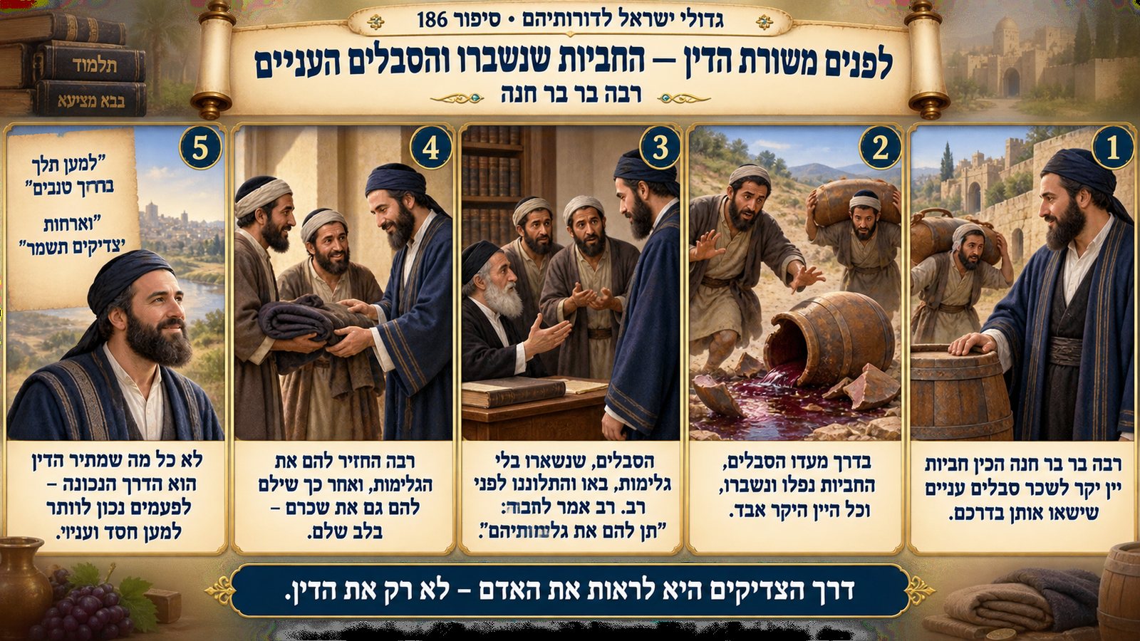 תמונת סיכום — רבה בר בר חנה: לפנים משורת הדין — החביות שנשברו והסבלים העניים